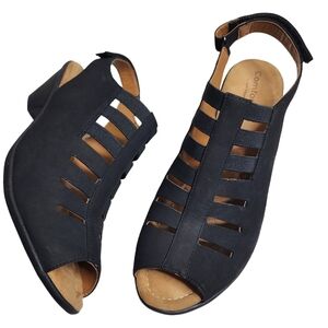 Comfortiva Faye Leather Black Heeled Cutout Sandals Shoes Women's Size 12